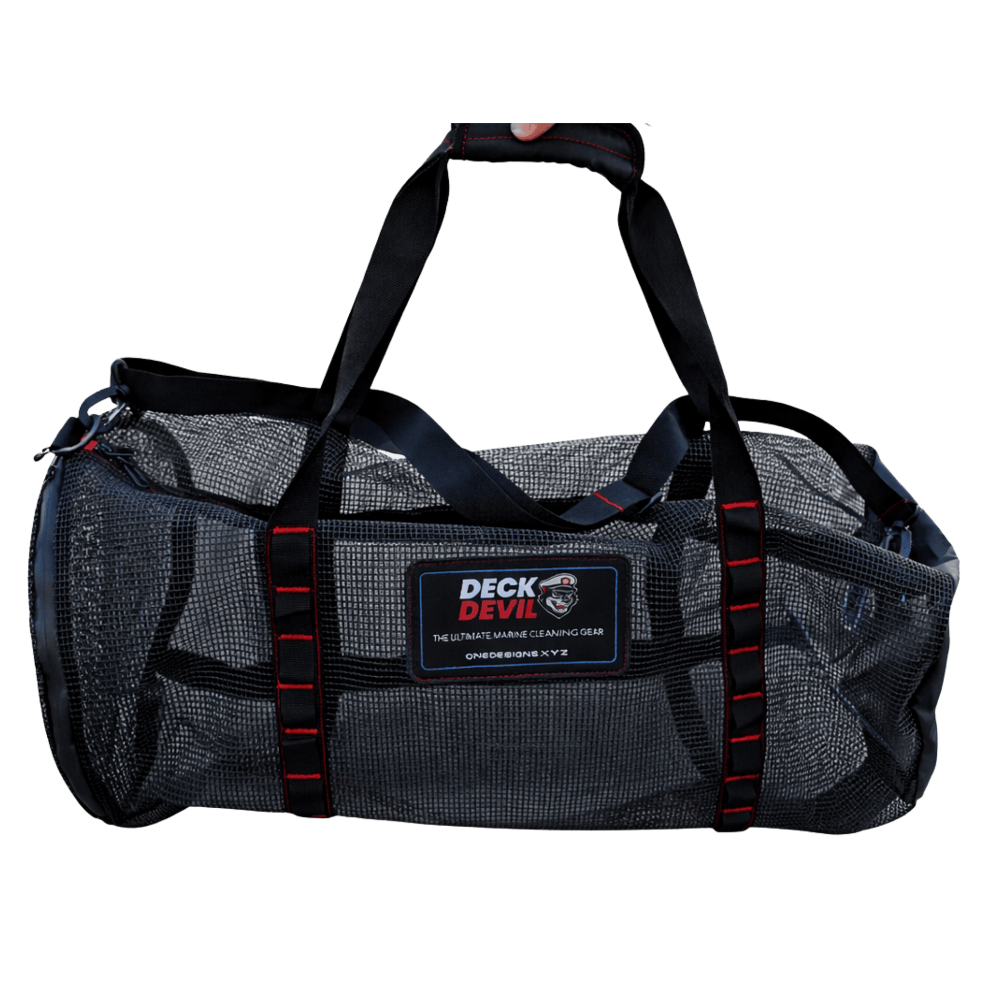 Black mesh deck devil duffel kit bag used for storing cleaning gear and anything else that needs a breathable deck ready gear bag.