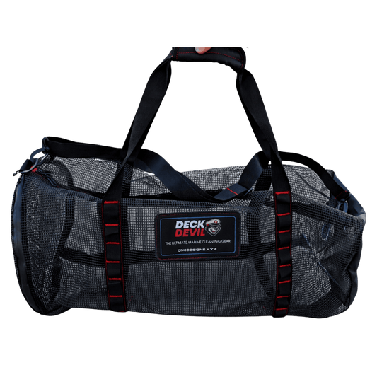 Black mesh deck devil duffel kit bag used for storing cleaning gear and anything else that needs a breathable deck ready gear bag.