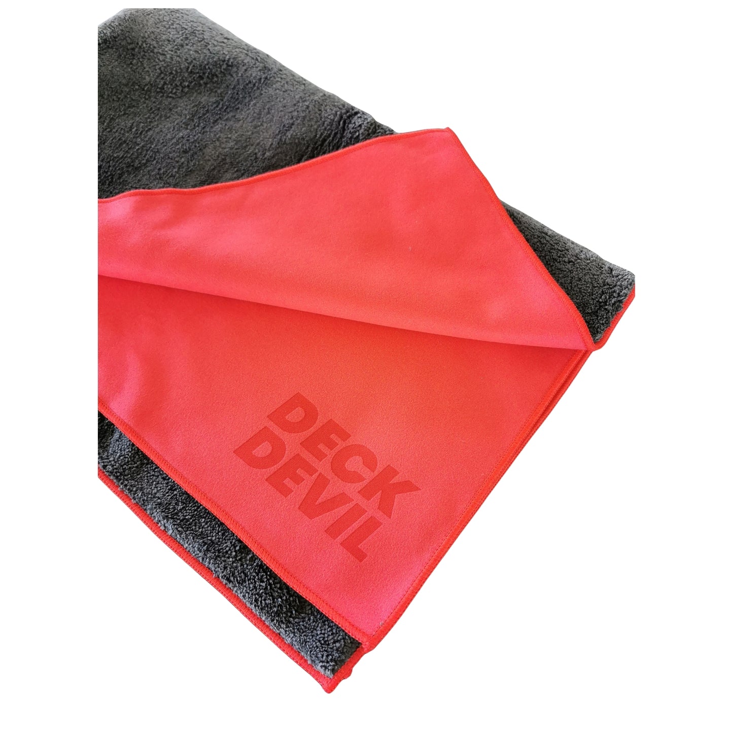 deck devil deluxe towel dual sided showing branding NZ with a double sided purpose made fabric